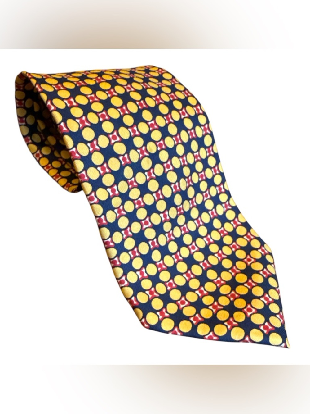 Kenneth‎ Gordon Silk Tie Navy Yellow Geometric Polka Dot Italy Fabric Office
